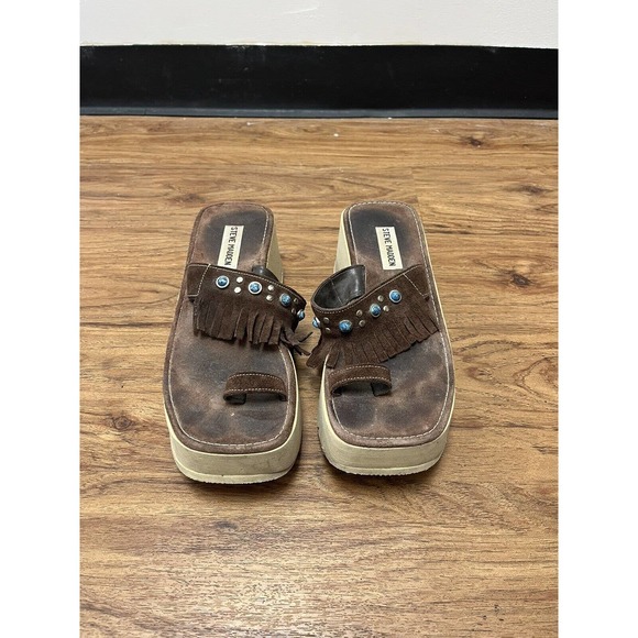 Vintage Steve Madden Platform Sandals Women's Size 8M Brown Fringe Y2K Shoes - Picture 2 of 8